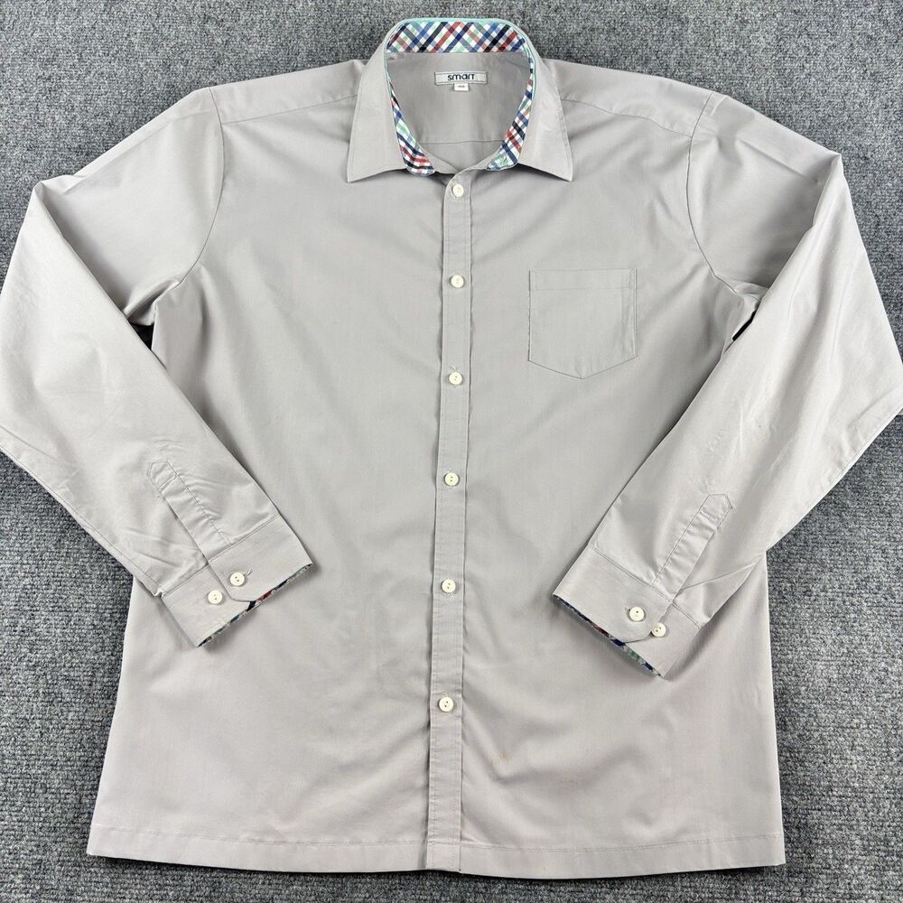 Smart Mens 106 Dress Shirt Gray Long Sleeve Pocket Contrast Collar
